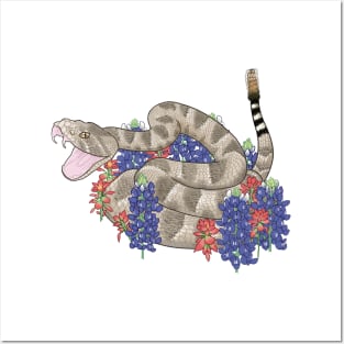 western diamondback rattlesnake in Texas bluebonnets and Indian paintbrush flowers design Posters and Art